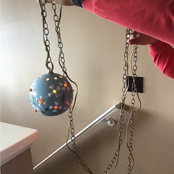 FINAL SALE Vintage 1970s Handpainted Ceramic and Amber Glass Chain Swag Lamp - Picture 2 of 7